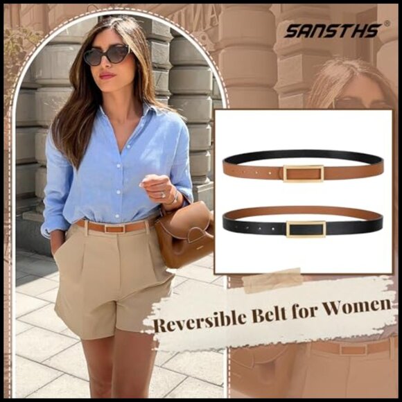 Reversible Skinny Faux Leather Belt with Gold Buckle for Women main image 6